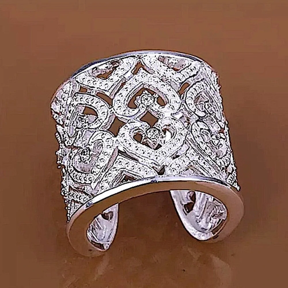 NEW STERLING SILVER WIDE BAND ZIRCONIA HEART CUFF RING - Picture 9 of 12